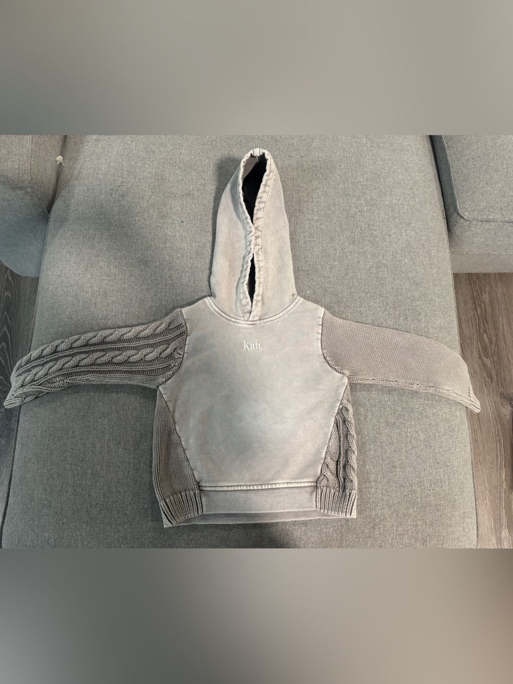 Kith Washed Light Gray Hoodie with Cable Knit Sleeves